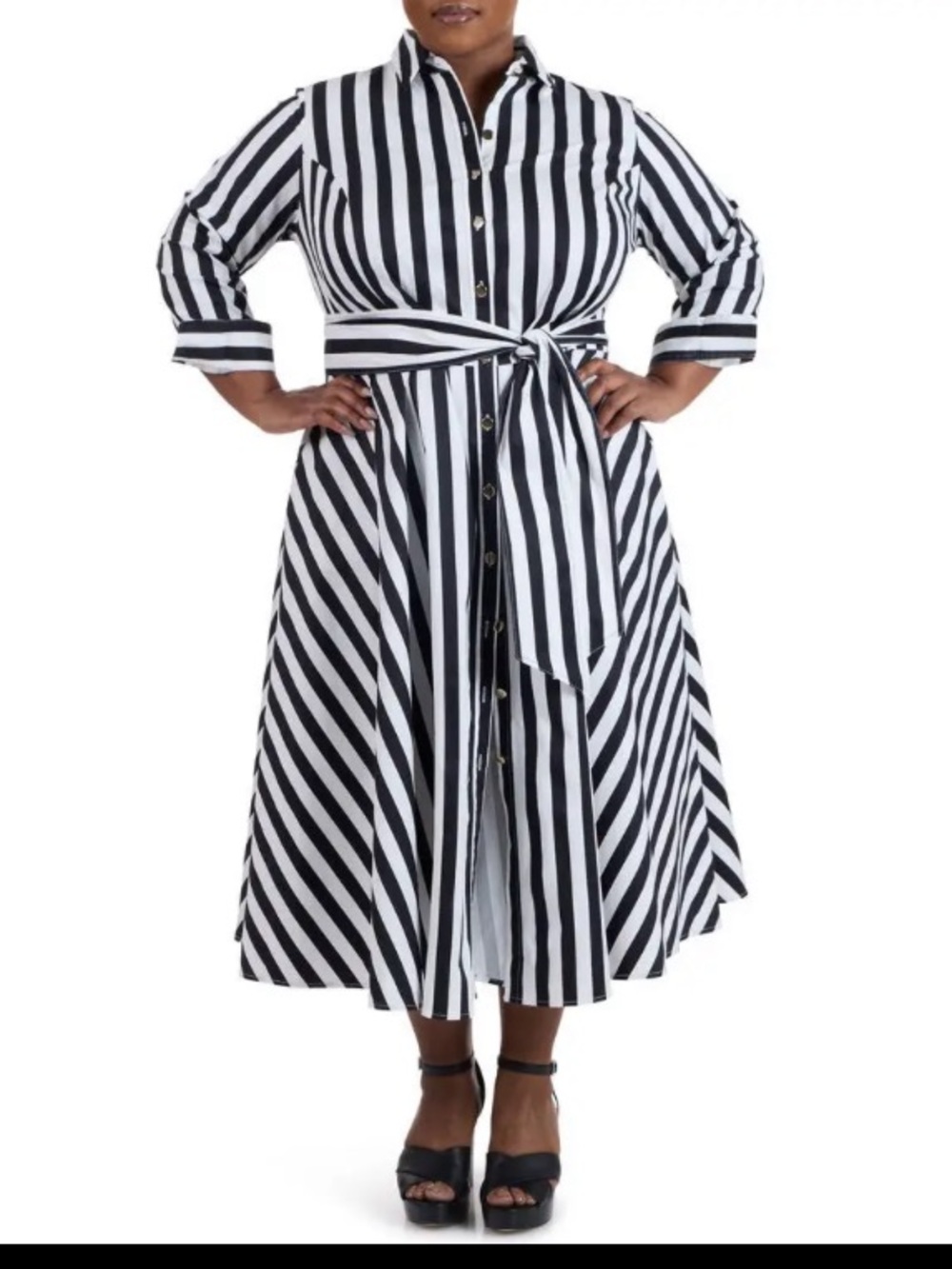 Pari Passu Tace Shirtdress Black & White Striped Shirt Dress with Tie Waist B22